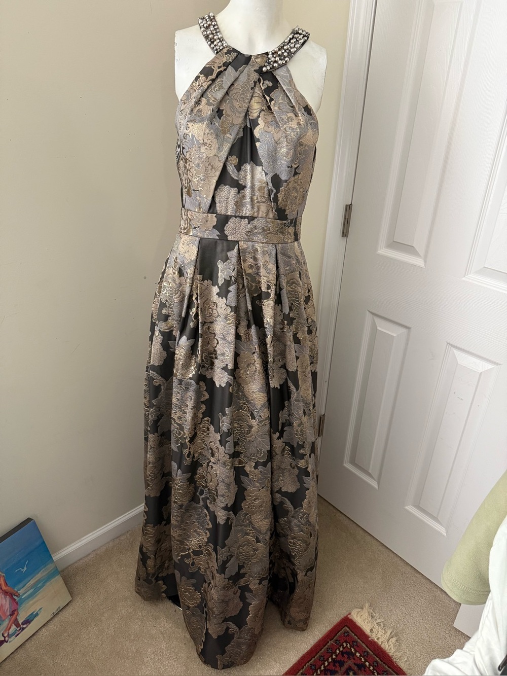 Eliza J Grey and Gold Jeweled Halter Maxi Dress